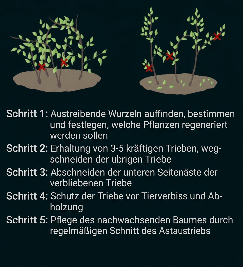 Grafik: Einfache Schritt-für-Schritt-Anleitung zum Beschneiden und Fördern junger Baumtriebe